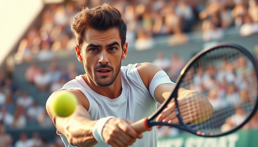 Tennis player hitting a ball, intense focus in a match.