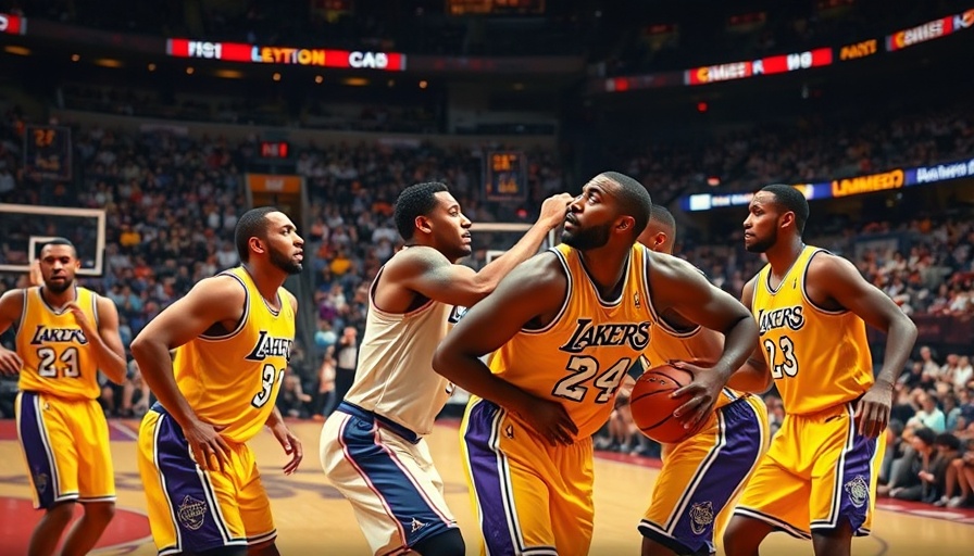 Dynamic scene of basketball players, intense court interaction.