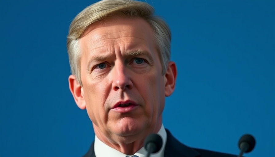 Politician speaking at event, serious expression, neutral background.