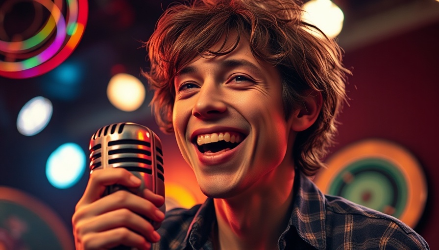 Person joyfully interacting with a microphone on dimly lit stage.