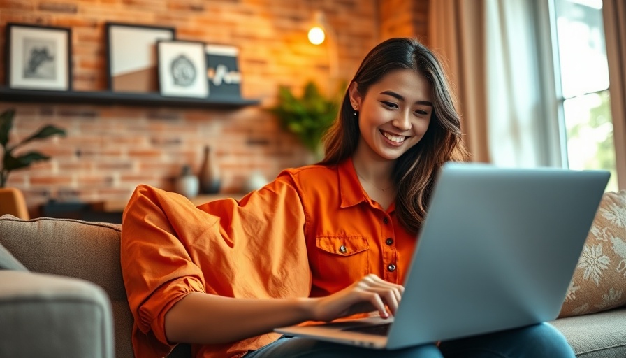 Young woman optimizing blog content on a laptop in a cozy room.