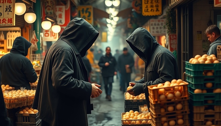 Hooded figures negotiating egg prices at market.