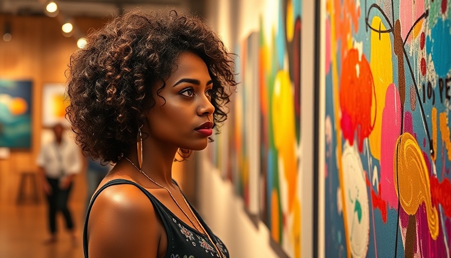 Curly-haired woman viewing contemporary African art in a gallery.