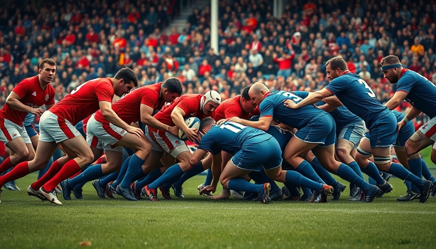 Stormers derby intense rugby scrum with red and blue teams on field.