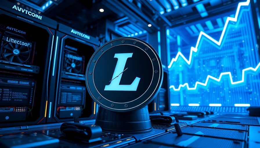 Futuristic Litecoin setup with glowing graphs and equipment.