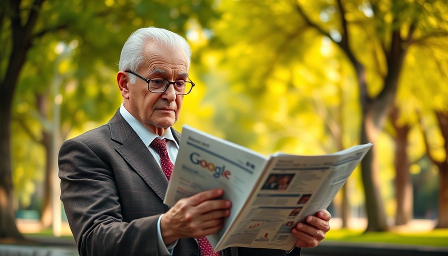 Elderly man reading newspaper with Google logo in park, Google News automation.