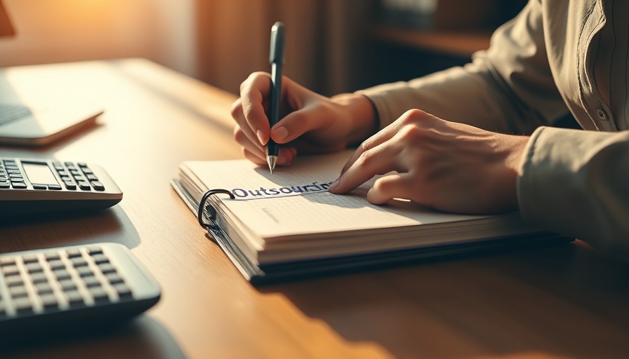 Close-up of writing on outsourcing in a notebook, desk setting.