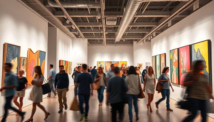 Art Basel 2025 exhibitors display vibrant paintings in a bustling gallery.