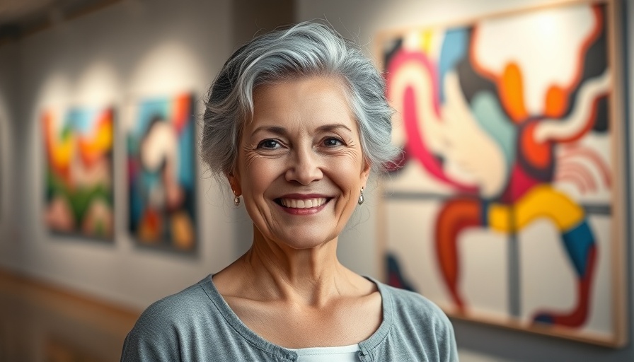 Artistic Intention: Woman smiling in art gallery, vibrant paintings.