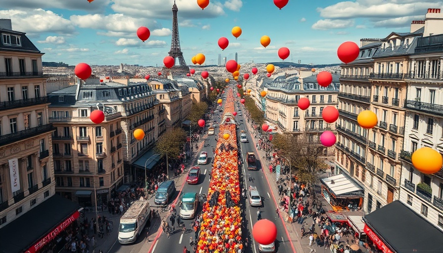 Vibrant Paris parade with colorful balloons and city skyline, Life in Paris New Attractions.