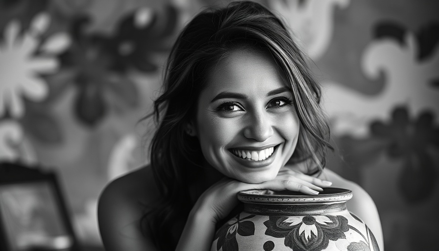 Portrait of a woman smiling next to ornate vase in black and white.