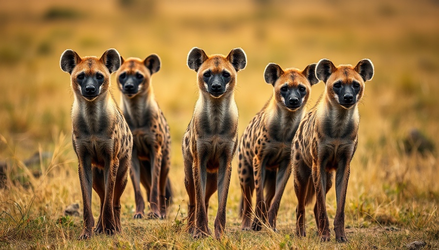 Hyenas standing vigilant in open savanna with tall grass.