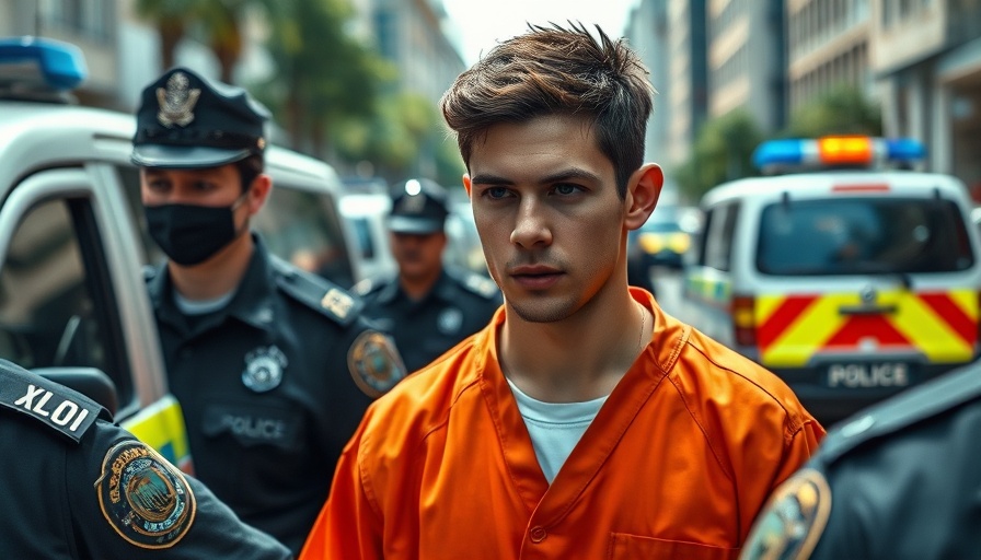 Photorealistic scene of young man escorted by police in urban setting.