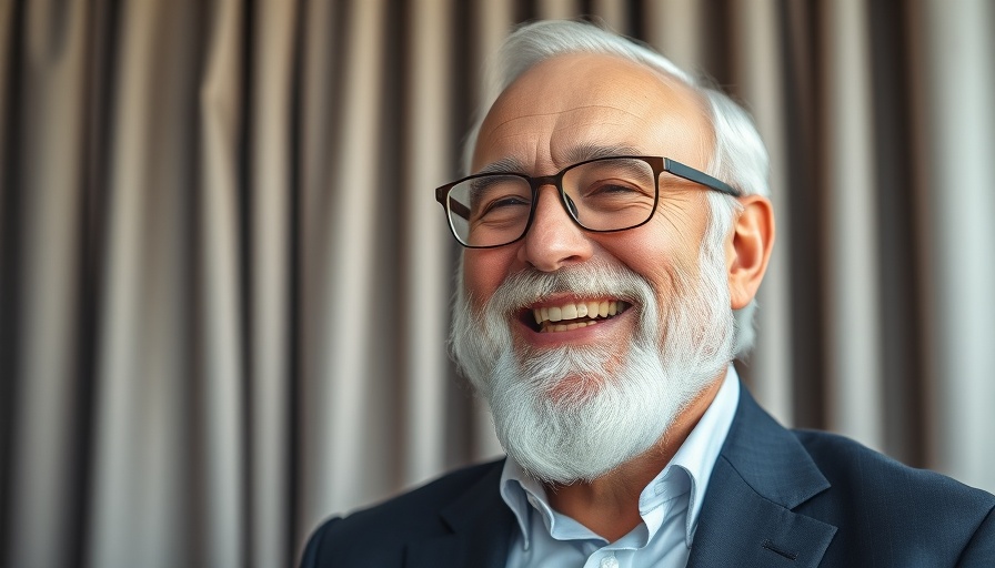 Elderly man smiling indoors with neutral background