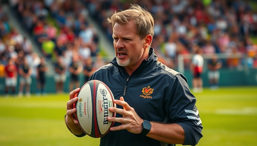 Energetic rugby coach innovating on the field, focused and ready.