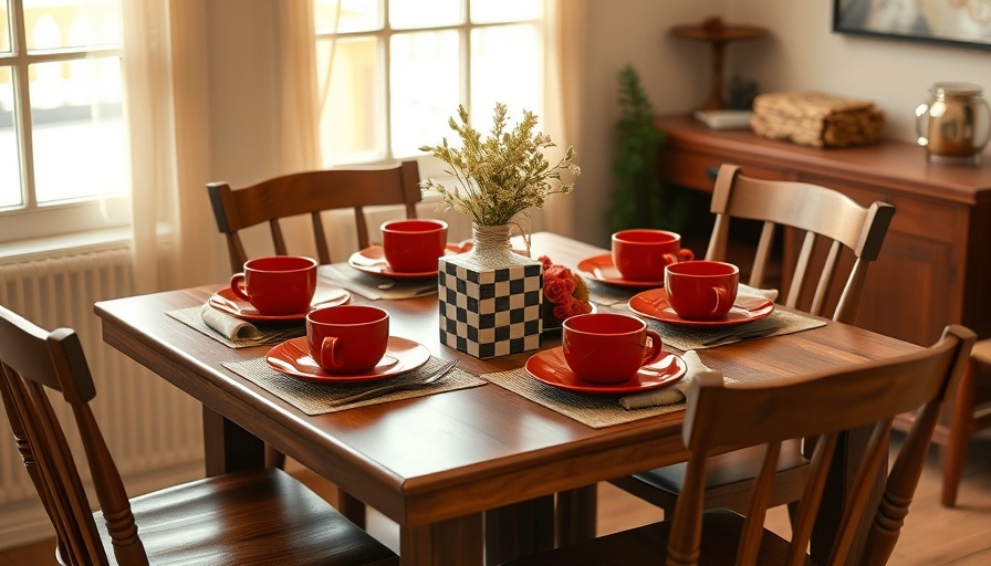 Cozy dining table setting with red plates for a casual gathering