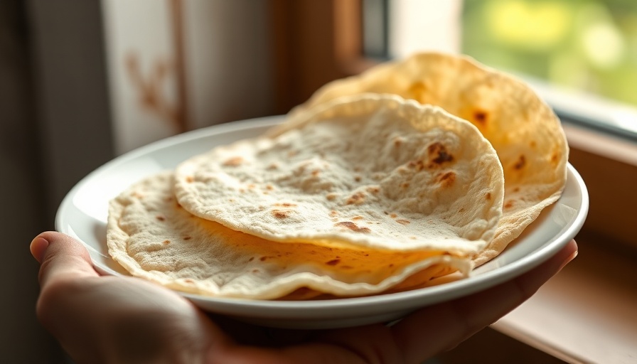 Homemade flour tortillas on a plate in natural light.