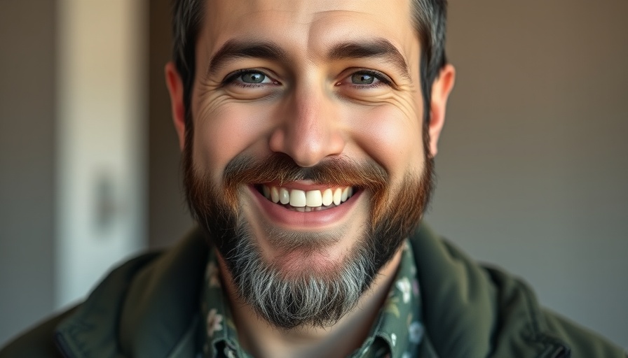 Portrait of smiling man in floral shirt, conveying warmth.