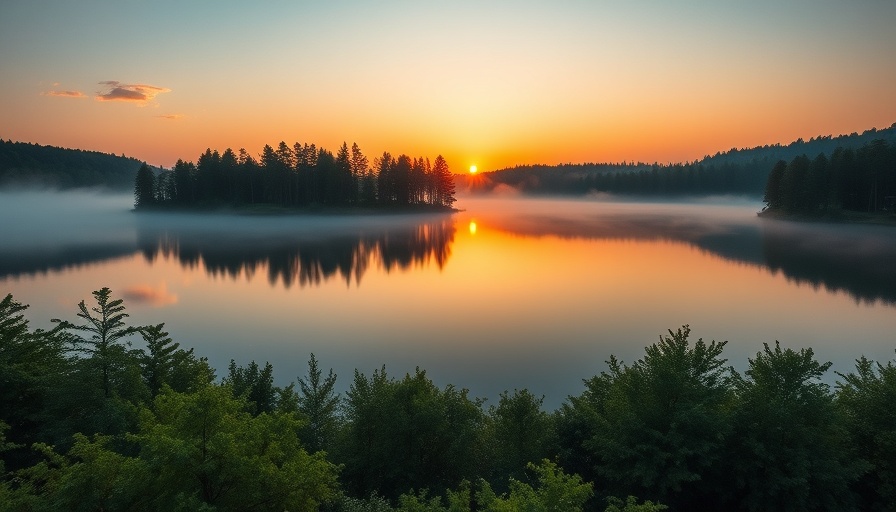 Tranquil sunrise over lake, reflection of trees and sky.