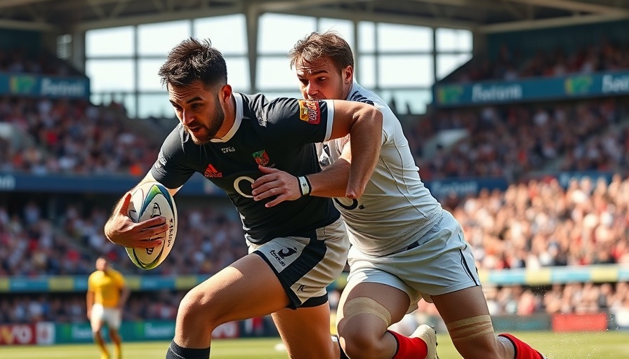 Rugby match action featuring tackle, Blitzboks Zander Reynders role visible.