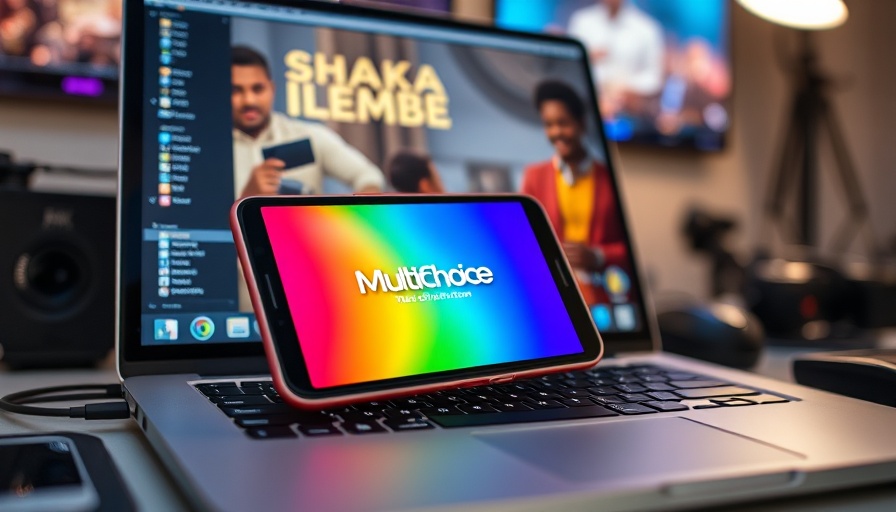 Colorful smartphone displaying Canal+ MultiChoice logo on laptop with Shaka Ilembe promo.