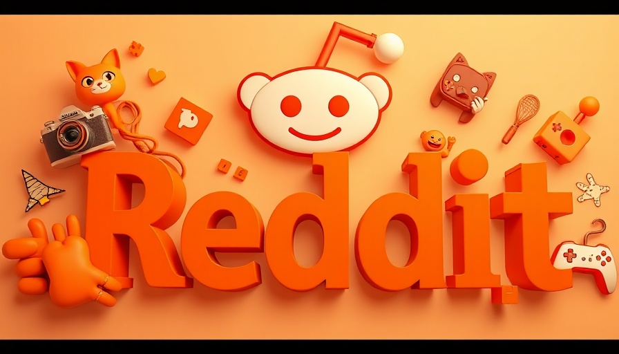 Playful Reddit logo with 3D orange icons, light background.