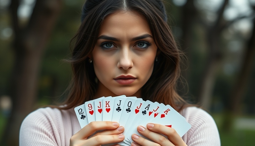 Serious woman holding cards, highlighting moderation in gambling risks.