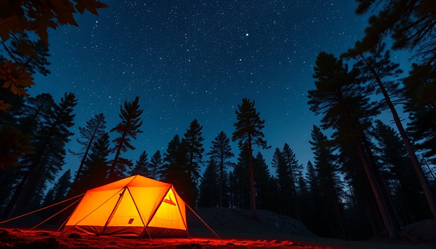 West Coast camping site under starry sky with glowing tent