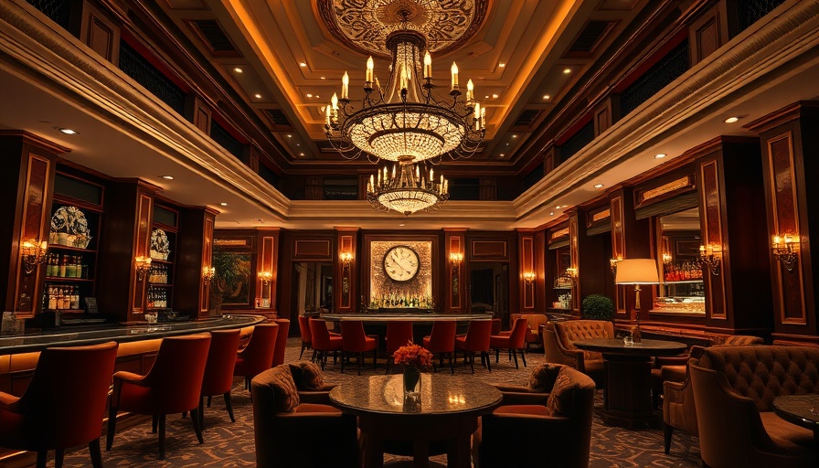 Luxurious hotel bar with elegant design and chandelier.