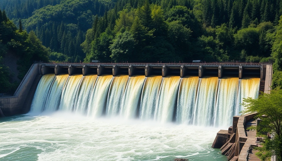 Hydroelectric dam showcasing power and water flow amid lush greenery.