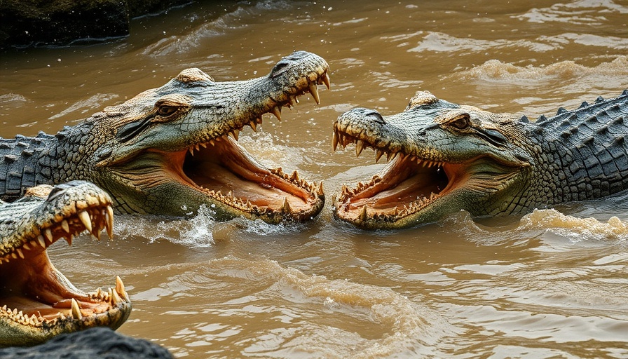 Nile crocodiles territorial fight in murky water.