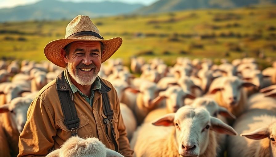 South African sheep farmer tending flock in scenic landscape.