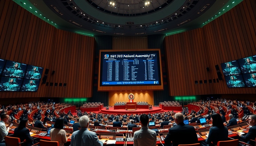 Conference hall with election results display for Political Party Funding Act.