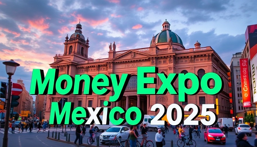 Vibrant Money Expo Mexico 2025 poster with cityscape.