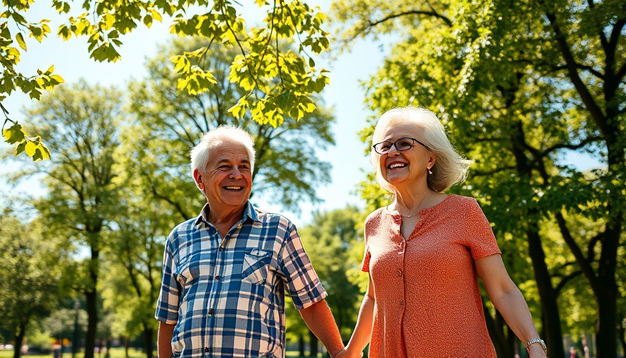 Older couple enjoying a walk in the park, promoting healthy ageing.