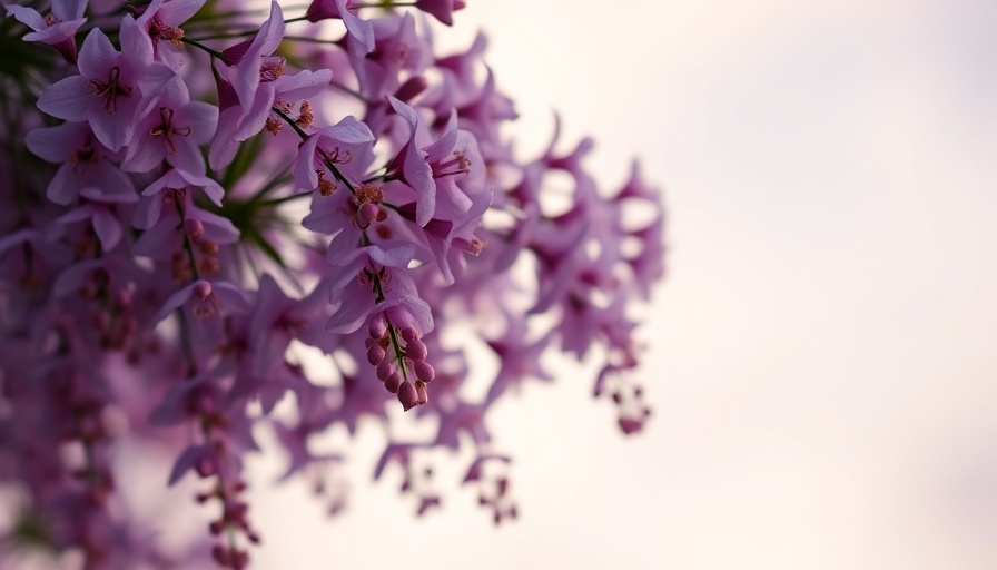 Purple flowers cascade gracefully against pastel sky.