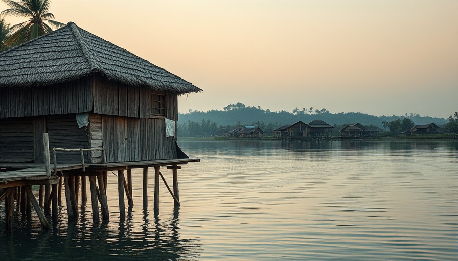 Rustic stilt house by river, serene village atmosphere.