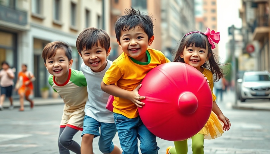 Cheerful children promoting sustainable fashion in a playful urban setting.