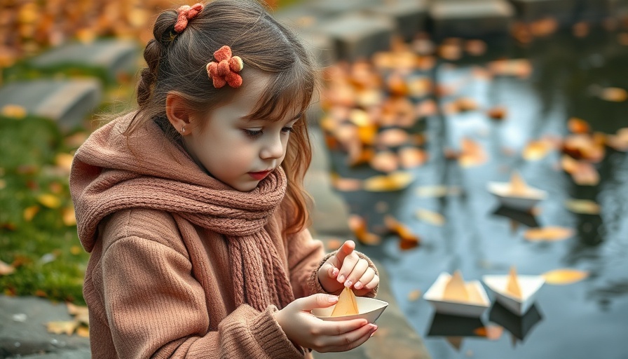 Girl playing by a pond with paper boats in autumn leaves.