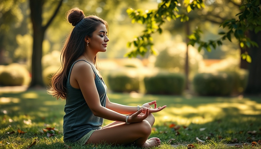 Serene young woman in a park meditating for mental health.