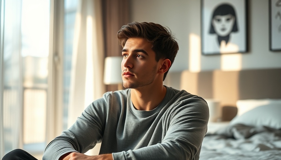 Contemplative young man sitting thoughtfully in a serene bedroom.