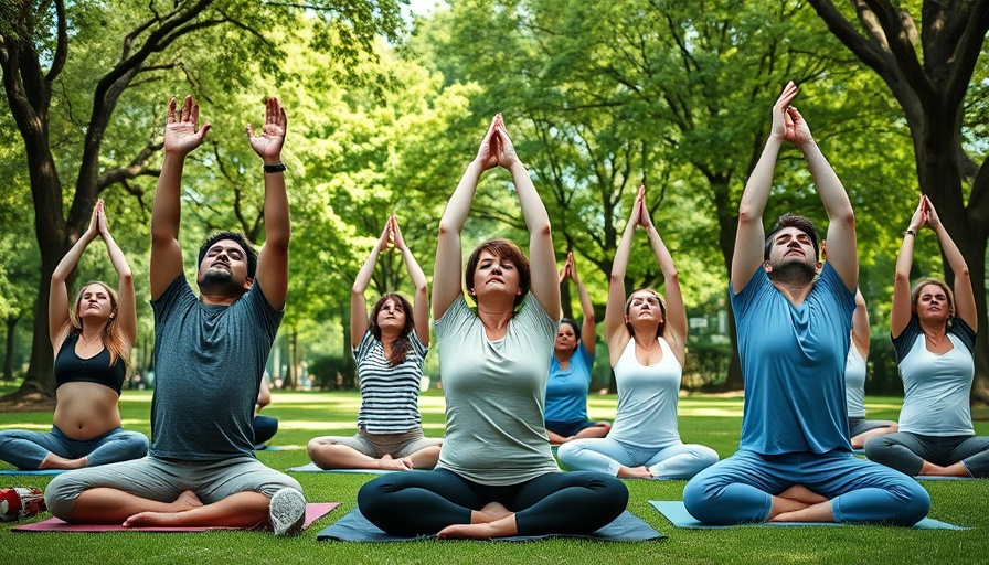 Group practicing yoga in park, demonstrating poses, lush setting.