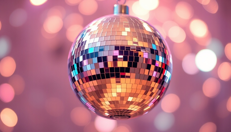 Shimmering reflective disco ball amidst soft bokeh lights.