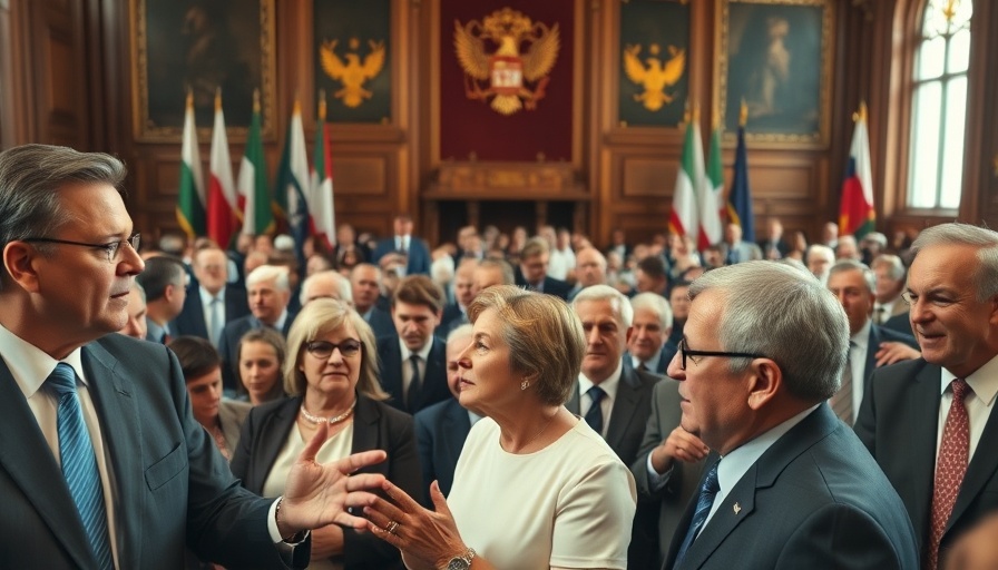 Institutional leaders in a grand hall discussing populism.