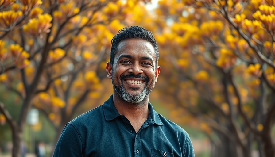 Man smiling confidently in front of jacaranda trees, symbolizing digital connectivity South Africa.