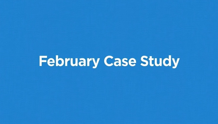 Minimalistic graphic with February case study text on striped blue background.