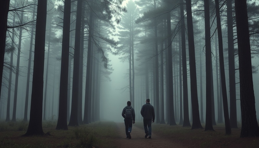 Two people walking in a misty forest, practicing mindfulness.