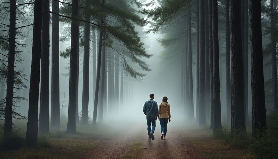 Couple walking in misty forest embracing mindfulness for parents.