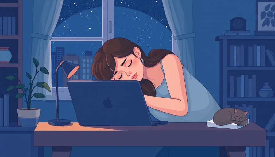 Woman asleep at desk signifying healthy sleep habits, cartoon style.