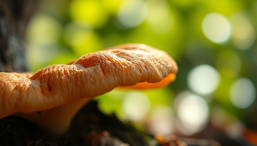 Close-up reishi mushroom with textured surface and green background.